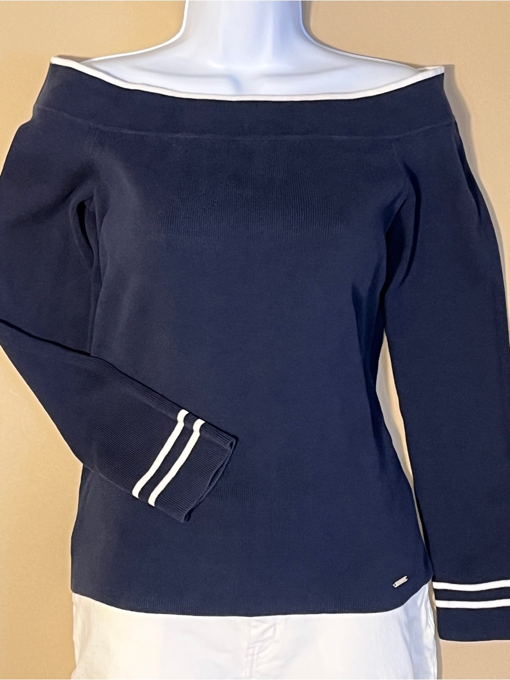 Nautica Navy Boat Neck Off-Shoulder Sweater Stripe-Trim Sz M - Coastal Grandma